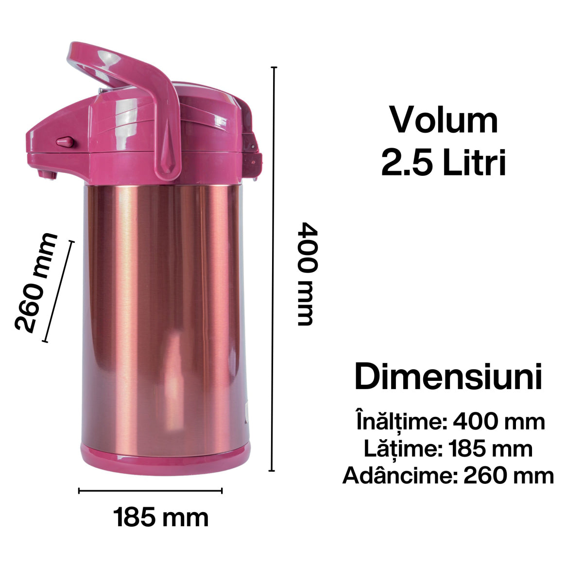Termos, Naimeed D6440, pentru bauturi reci sau calde, Sticla si ABS, 2.5L, Visiniu, 185x400x260mm