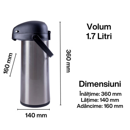 Termos, Naimeed D6441, pentru bauturi reci sau calde, Sticla, Inox, ABS, 1.7L, Gri, 140x360x180mm