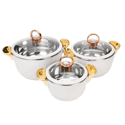 Caserola termica, set 3 piese, Thermo Class, cu interior din inox, Naimeed D6701, Alb