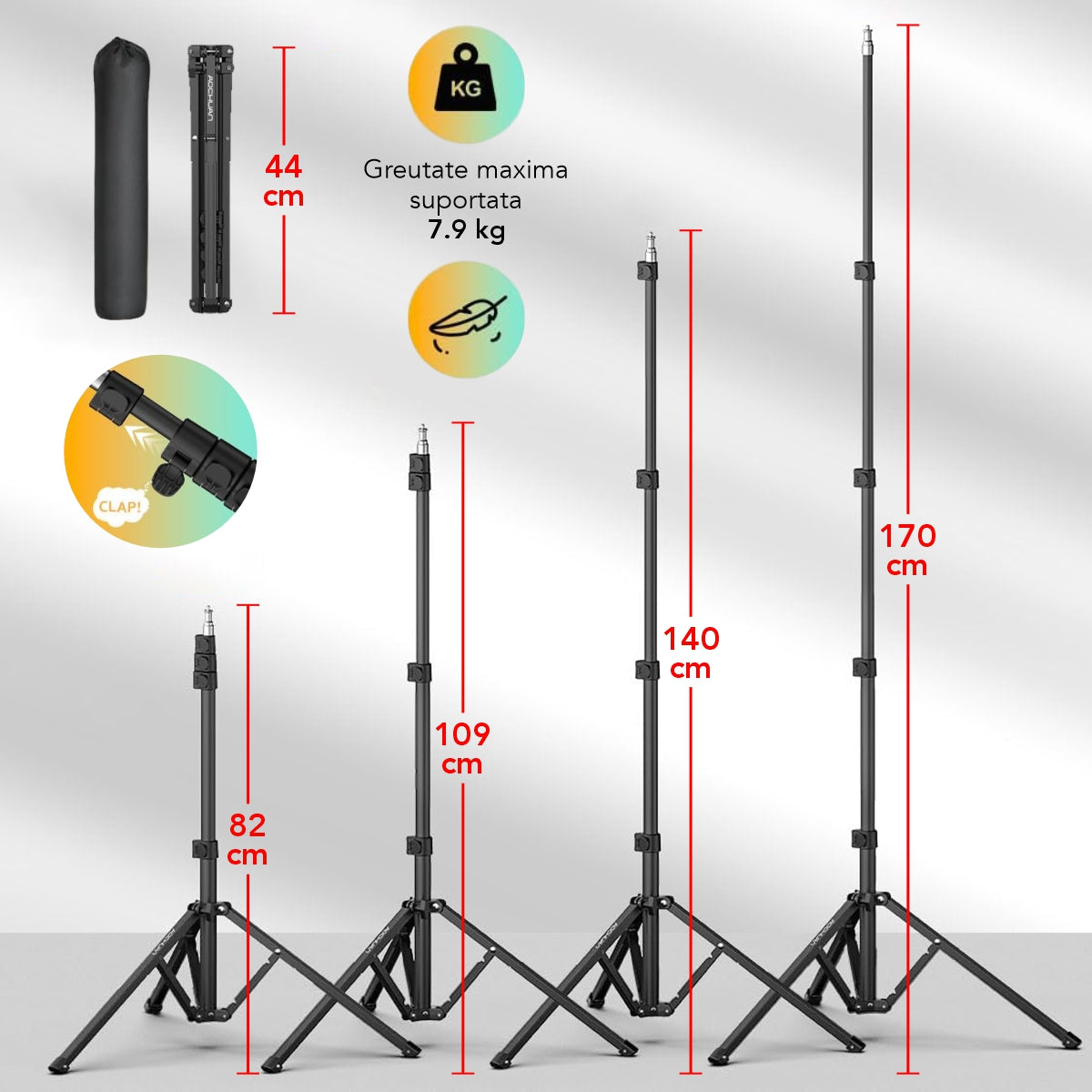 Trepied Aochuan, stativ, pentru camera foto/video, smartphone, Gimbal, lumini, pentru vlogging, streaming live, D6734, Negru
