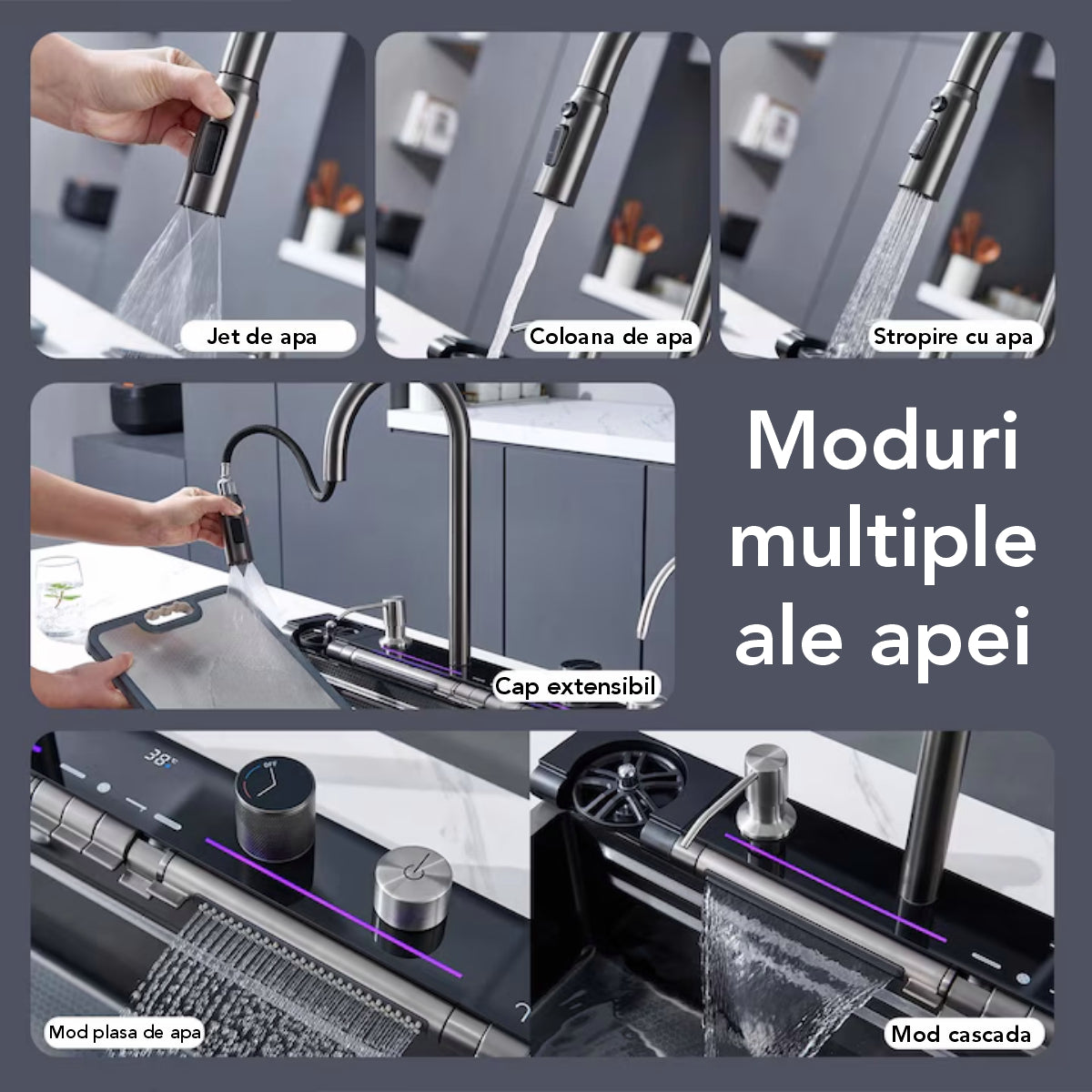 Chiuveta multifunctionala Smart Cuisine, cu accesorii incluse, Naimeed D6749, functii multiple, otel inoxidabil, Gri, 210x750x460mm