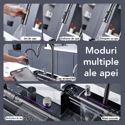 Chiuveta multifunctionala Smart Cuisine, cu accesorii incluse, Naimeed D6749, functii multiple, otel inoxidabil, Gri, 210x750x460mm