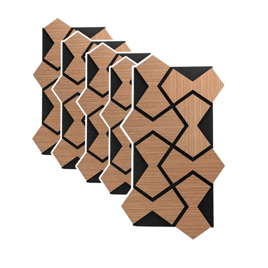 Set 5 Panouri riflaje acustice decorative, HDF si pasla, Naimeed D6753, 85x48x1.8cm, Stejar Inchis