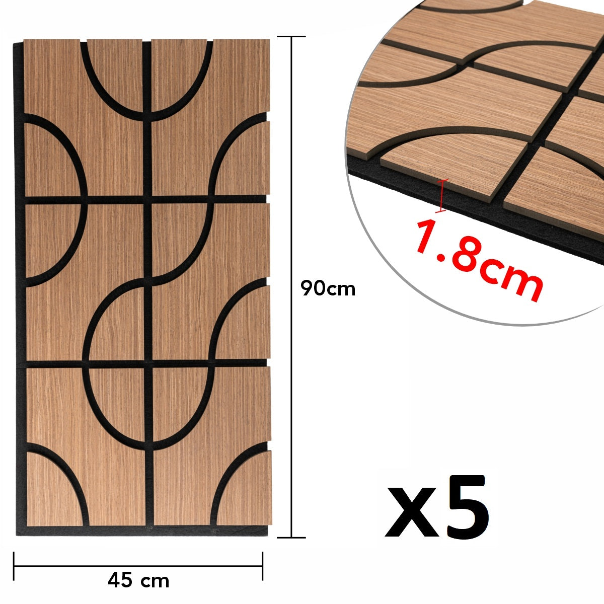 Set 5 Panouri riflaje acustice decorative, HDF si pasla, Naimeed D6756, 90x45x1.8cm, Stejar Inchis