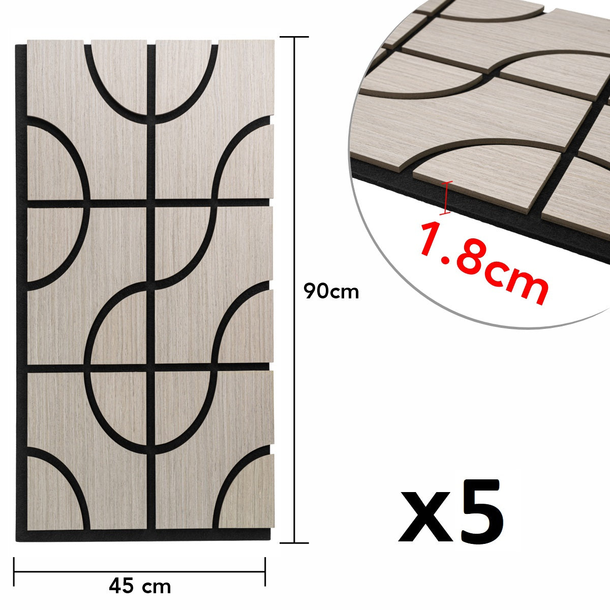 Set 5 Panouri riflaje acustice decorative, HDF si pasla, Naimeed D6757, 90x45x1.8cm, Gri
