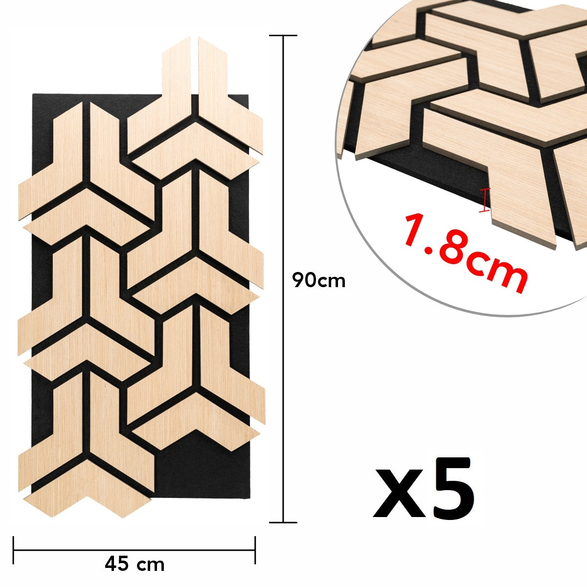 Set 5 Panouri riflaje acustice decorative, HDF si pasla, Naimeed D6759, 90x45x1.8cm, Stejar deschis
