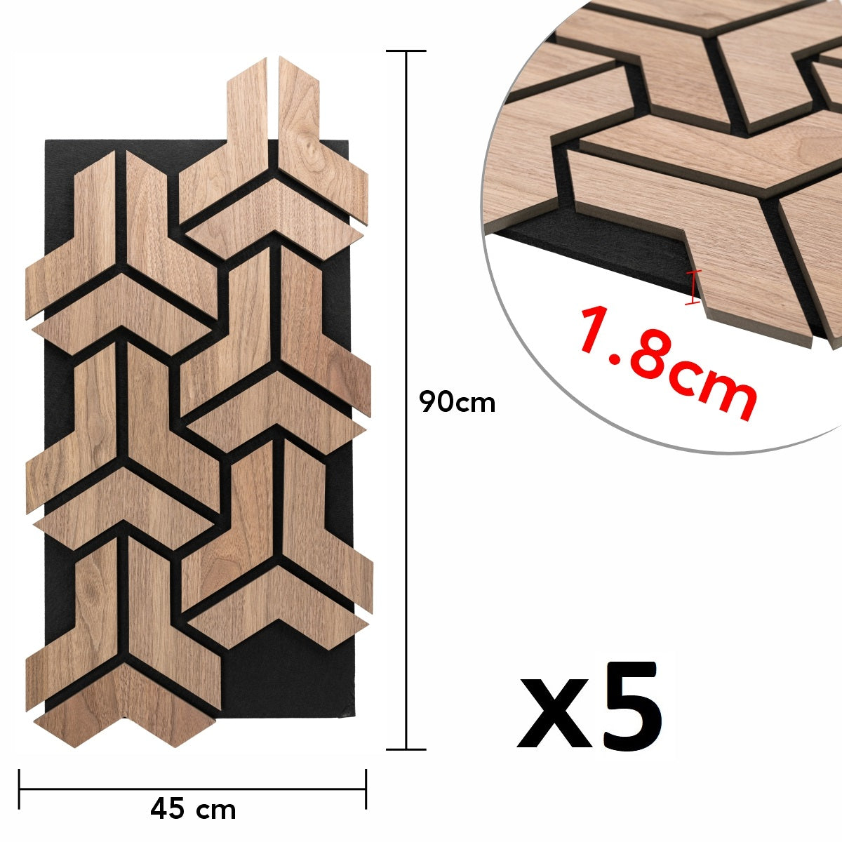 Set 5 Panouri riflaje acustice decorative, HDF si pasla, Naimeed D6760, 90x45x1.8cm, Stejar