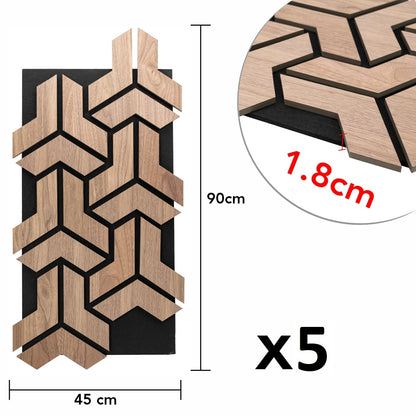 Set 5 Panouri riflaje acustice decorative, HDF si pasla, Naimeed D6760, 90x45x1.8cm, Stejar