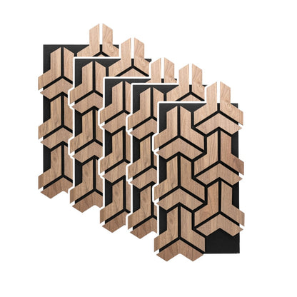 Set 5 Panouri riflaje acustice decorative, HDF si pasla, Naimeed D6760, 90x45x1.8cm, Stejar