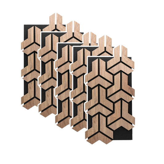 Set 5 Panouri riflaje acustice decorative, HDF si pasla, Naimeed D6760, 90x45x1.8cm, Stejar