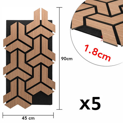 Set 5 Panouri riflaje acustice decorative, HDF si pasla, Naimeed D6761, 90x45x1.8cm, Stejar inchis