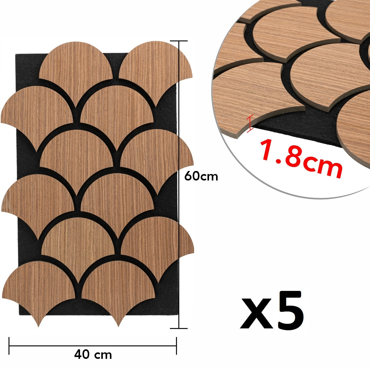 Set 5 Panouri riflaje acustice decorative, HDF si pasla, Naimeed D6764, 60x40x1.8cm, Stejar inchis