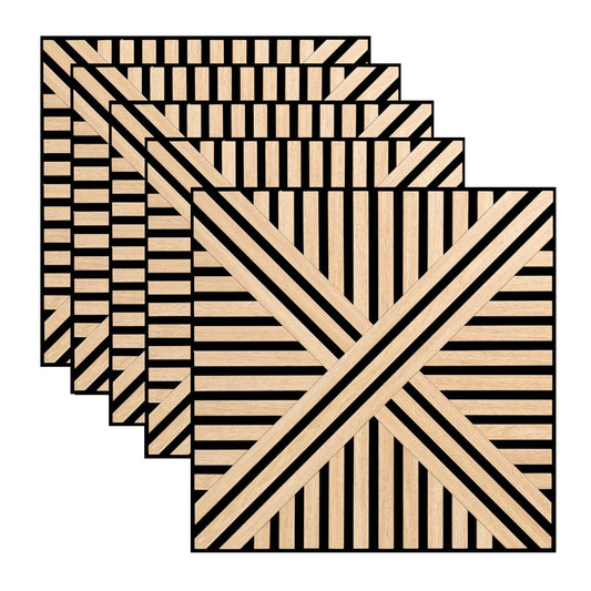 Set 5 Panouri riflaje acustice decorative, MDF si pasla, Naimeed D6767, 60x60x1.8cm, Stejar