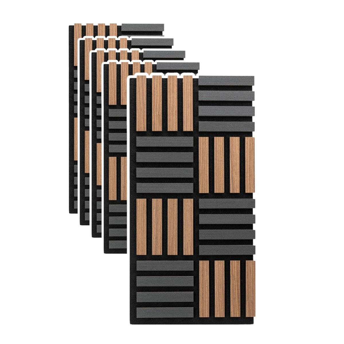 Set 5 Panouri riflaje acustice decorative, MDF si pasla, Naimeed D6772, 60x40x2.1cm, Stejar inchs/Negru