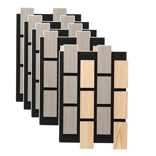 Set 5 Panouri riflaje acustice decorative, MDF si pasla, Naimeed D6774, 60x40x2.1cm, Stejar/Gri