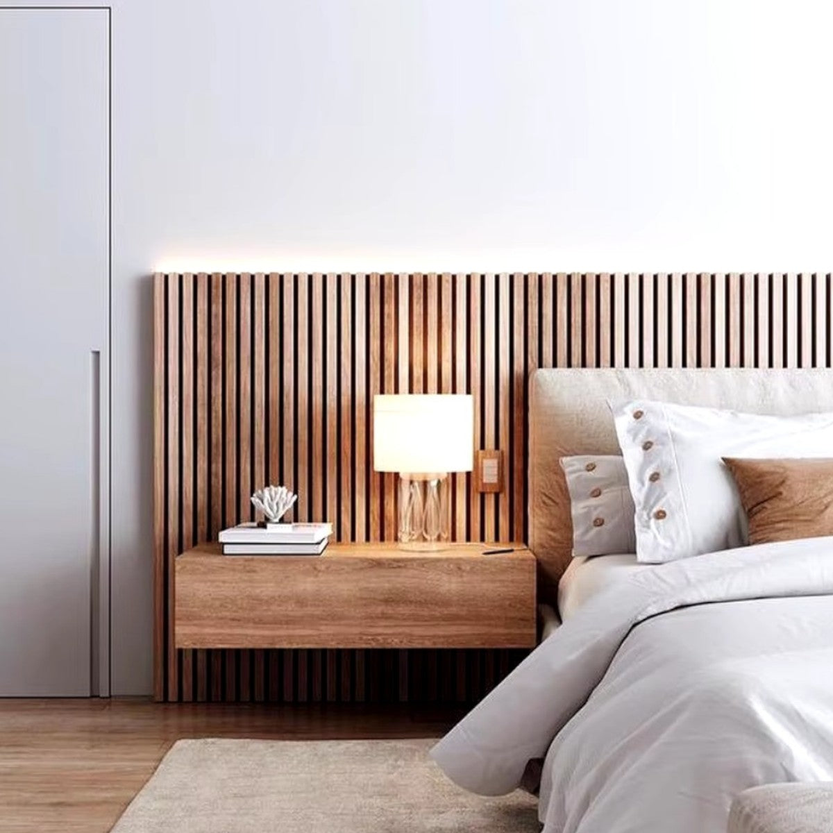 Set 4 Panouri riflaje acustice decorative, MDF si pasla, Naimeed D6782, 240x60x2.1cm, Stejar