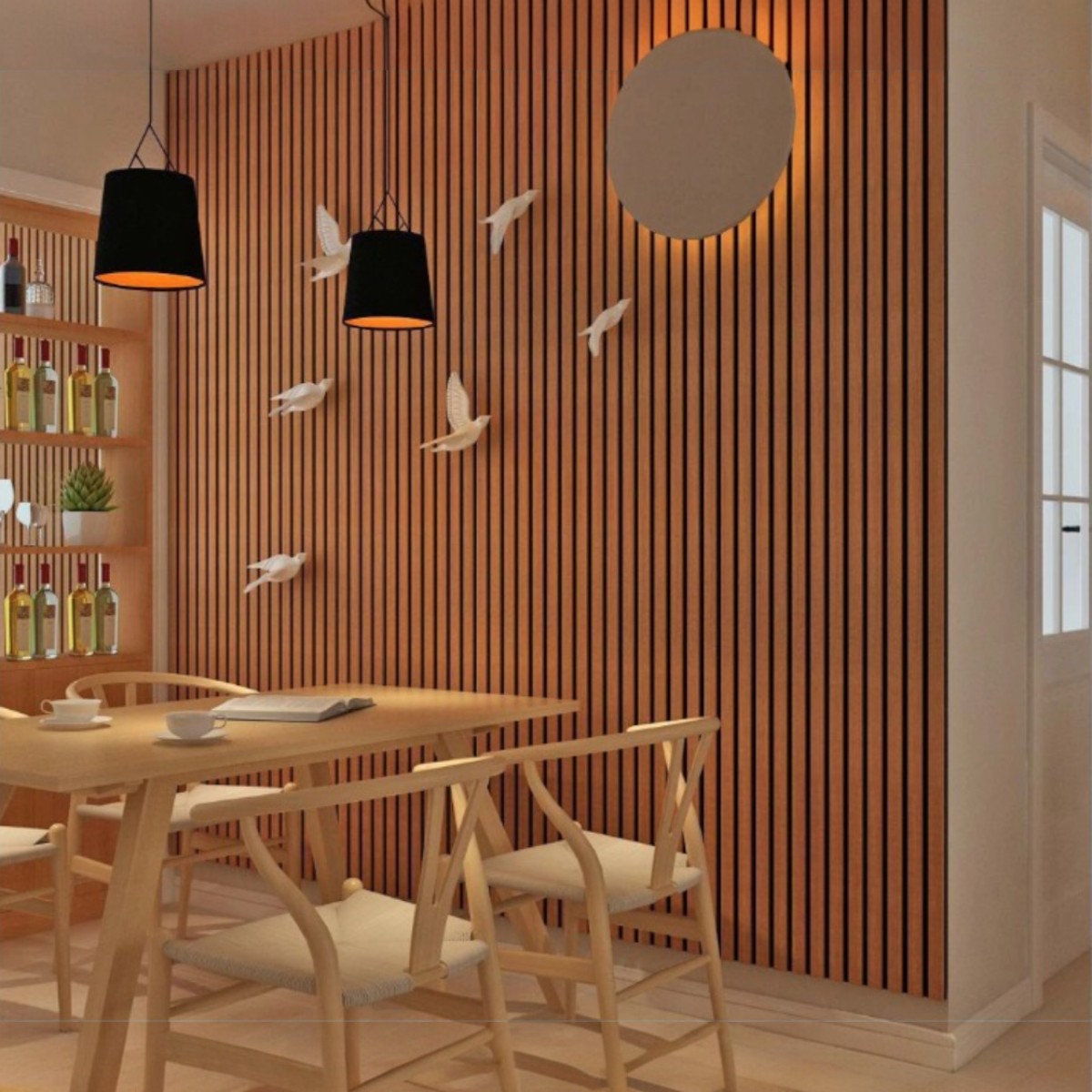 Set 4 Panouri riflaje acustice decorative, MDF si pasla, Naimeed D6782, 240x60x2.1cm, Stejar