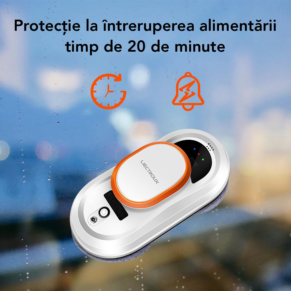 Robot Curatare Geamuri Liectroux HCR-09(D6808), 2800Pa, protectie anti cadere, baterie 500mAh, autonomie 60 de minute pe acumulator in caz de pana de curent, capacitate 30ml, 295x145x120mm, Alb