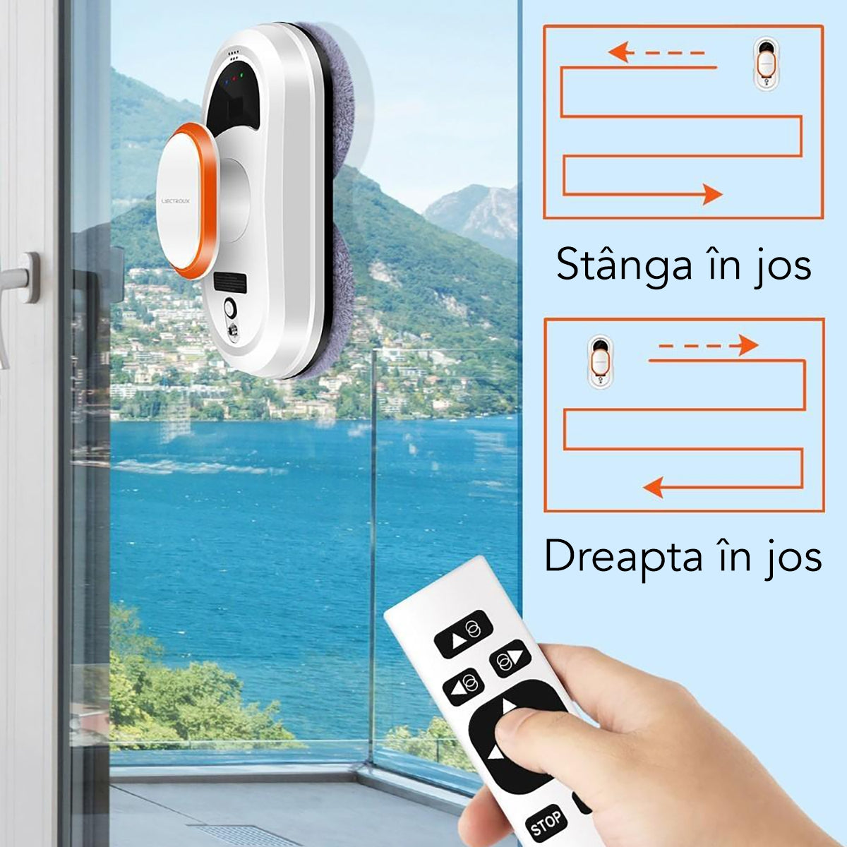Robot Curatare Geamuri Liectroux HCR-09(D6808), 2800Pa, protectie anti cadere, baterie 500mAh, autonomie 60 de minute pe acumulator in caz de pana de curent, capacitate 30ml, 295x145x120mm, Alb