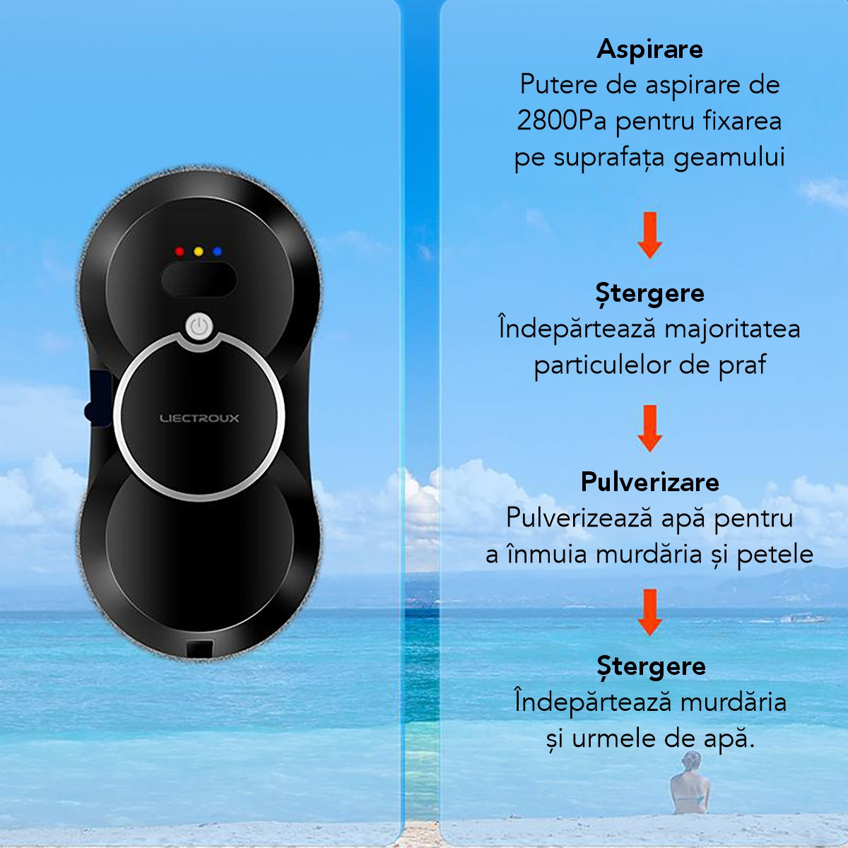 Robot Curatare Geamuri Liectroux HCR-10(D6809), 2800Pa, protectie anti cadere, baterie 500mAh, autonomie 60 de minute pe acumulator in caz de pana de curent, capacitate 30ml, 295x145x120mm, Negru