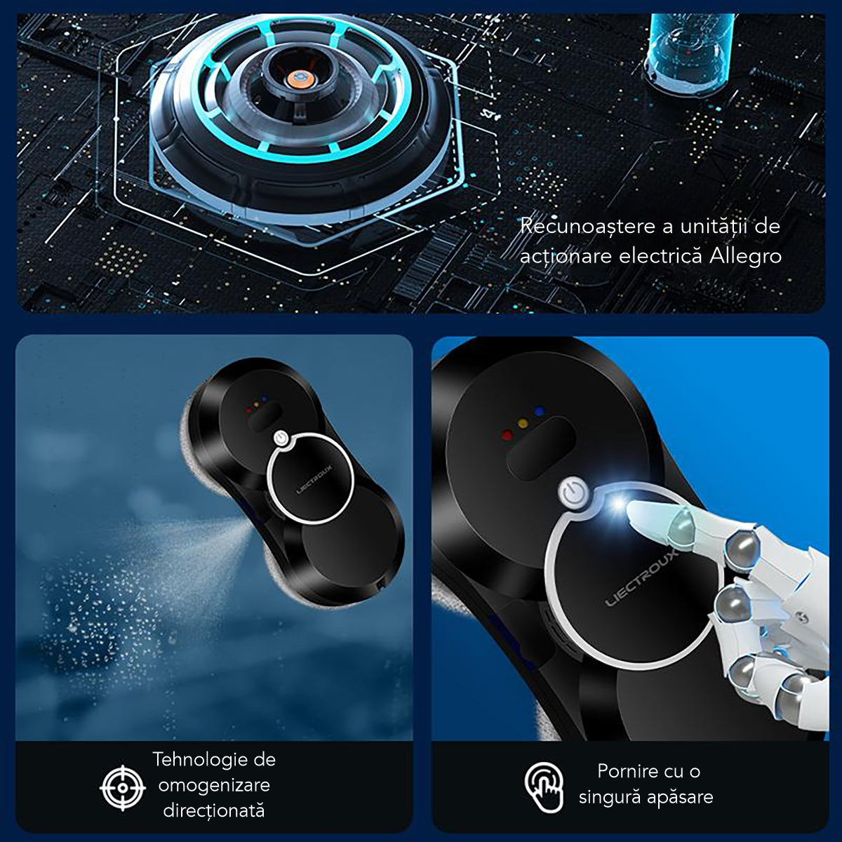 Robot Curatare Geamuri Liectroux HCR-10(D6809), 2800Pa, protectie anti cadere, baterie 500mAh, autonomie 60 de minute pe acumulator in caz de pana de curent, capacitate 30ml, 295x145x120mm, Negru