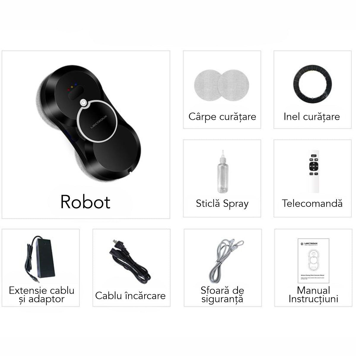 Robot Curatare Geamuri Liectroux HCR-10(D6809), 2800Pa, protectie anti cadere, baterie 500mAh, autonomie 60 de minute pe acumulator in caz de pana de curent, capacitate 30ml, 295x145x120mm, Negru