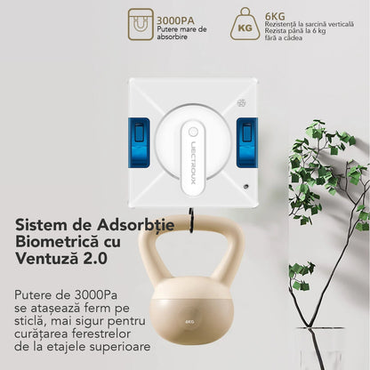 Robot Curatare Geamuri Liectroux YW509(D6810), 3000Pa, baterie 500mAh, protectie anti cadere, autonomie 30 de minute pe acumulator in caz de pana de curent, capacitate 90ml, 215x215x104mm, Alb