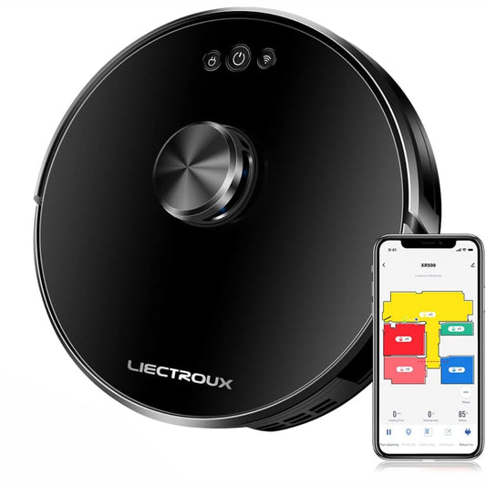 Aspirator Robot cu spalare, Inteligent Liectroux XR500(D6818), cu navigatie gyro, ghid vocal, autonomie 130 de minute, rezervor de apă de 350ml, coș de praf de 600ml, 96x330x330mm,  Negru