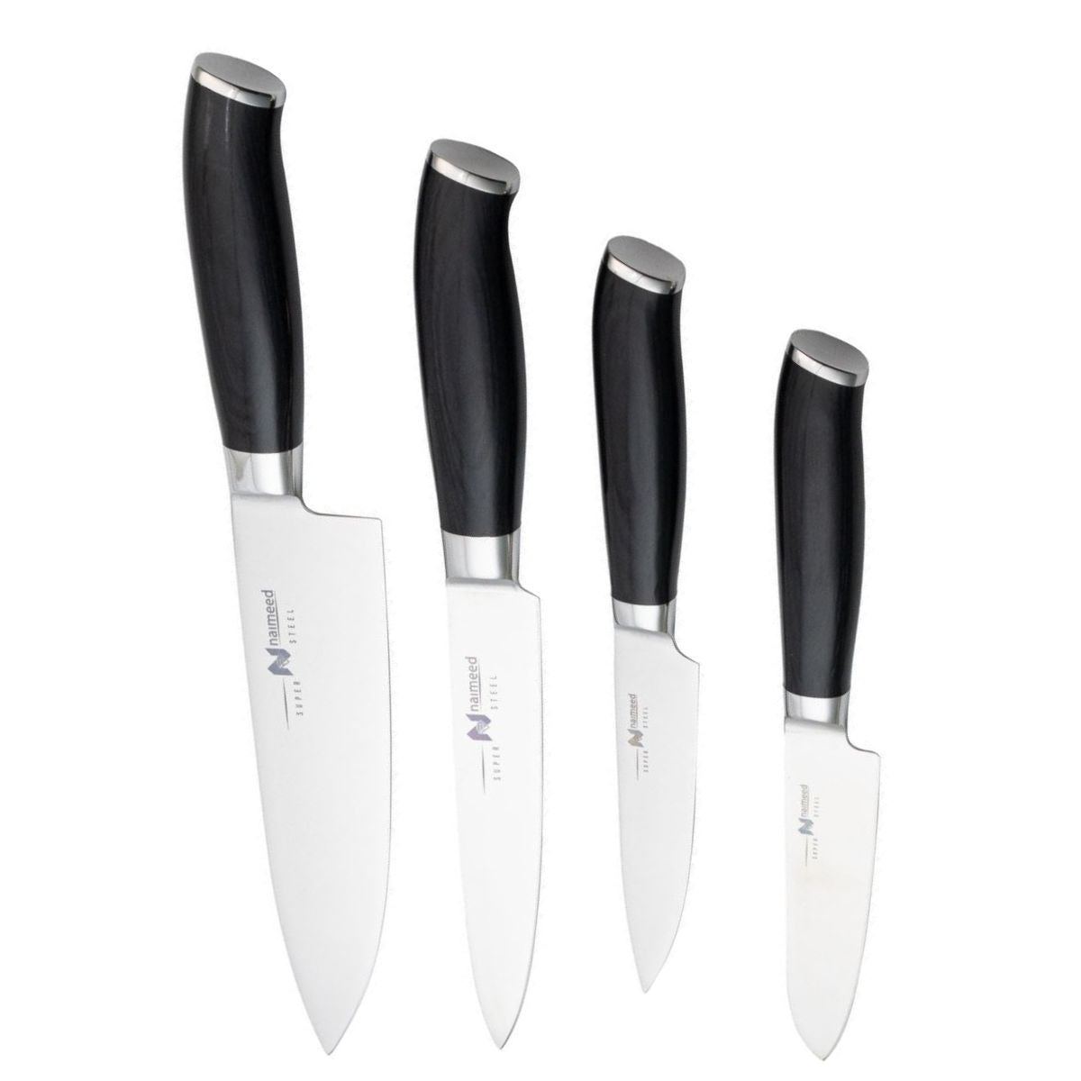 Set 4 cutite profesionale cu suport magnetic, Naimeed D6832, Negru
