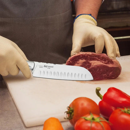 Cutit Santoku profesional, din otel inoxidabil, 31 cm, Naimeed D6838, Maro deschis