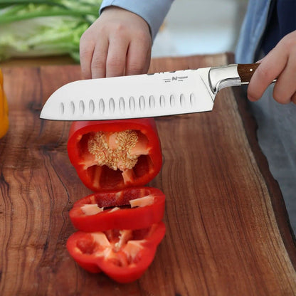 Cutit Santoku profesional, din otel inoxidabil, 31 cm, Naimeed D6838, Maro deschis