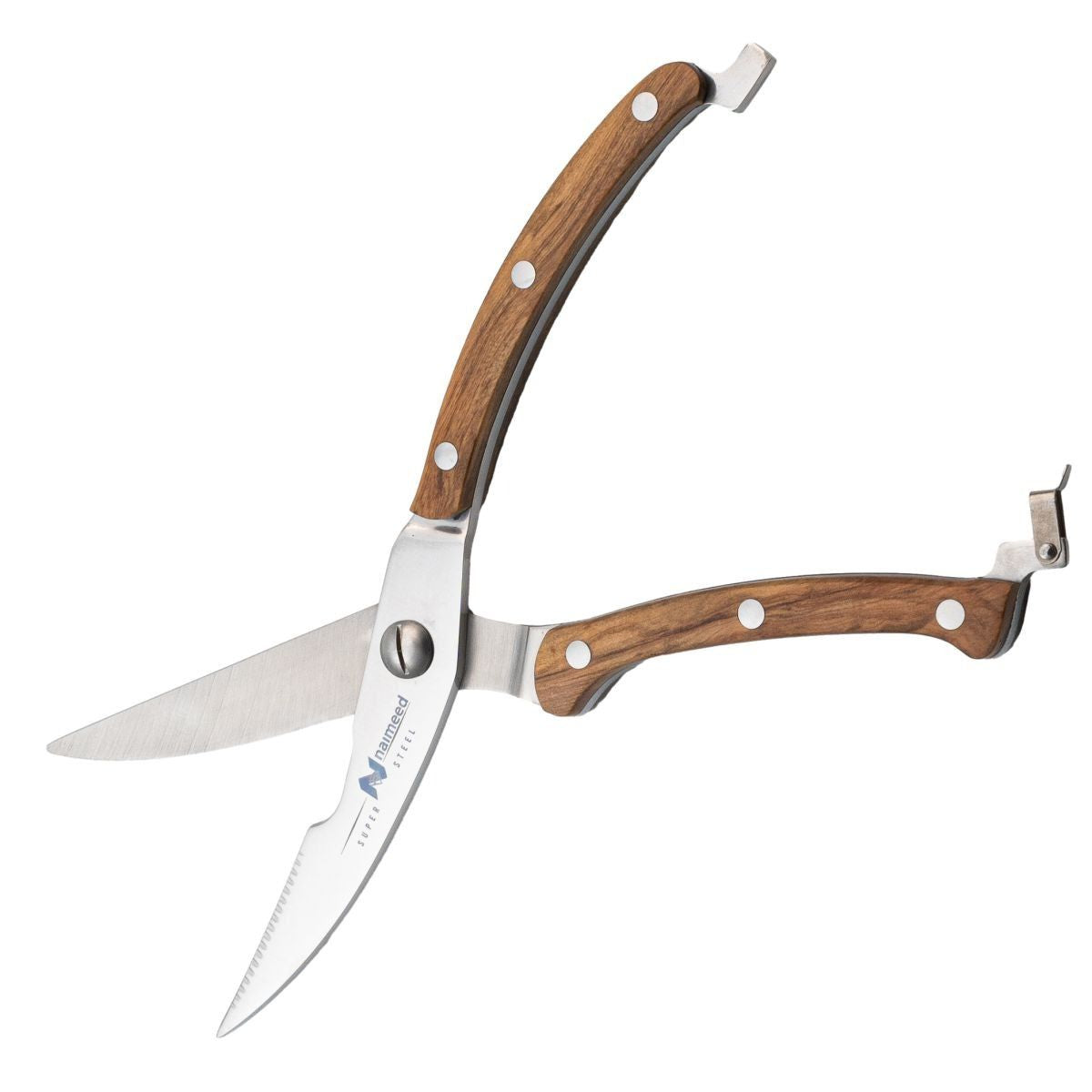 Foarfeca de bucatarie multifunctionala, otel inoxidabil si maner din lemn, 25 cm, Naimeed D6839, Maro deschis