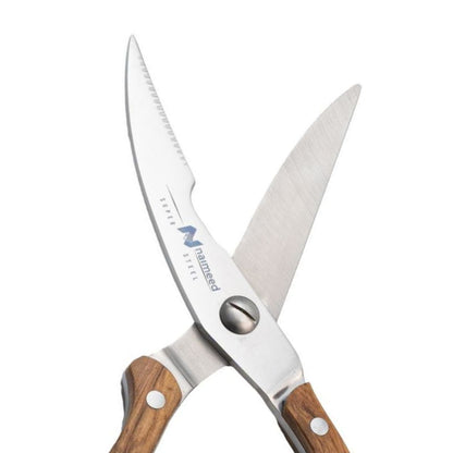Foarfeca de bucatarie multifunctionala, otel inoxidabil si maner din lemn, 25 cm, Naimeed D6839, Maro deschis