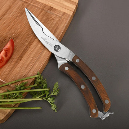 Foarfeca de bucatarie multifunctionala, otel inoxidabil si maner din lemn, 25 cm, Naimeed D6839, Maro deschis