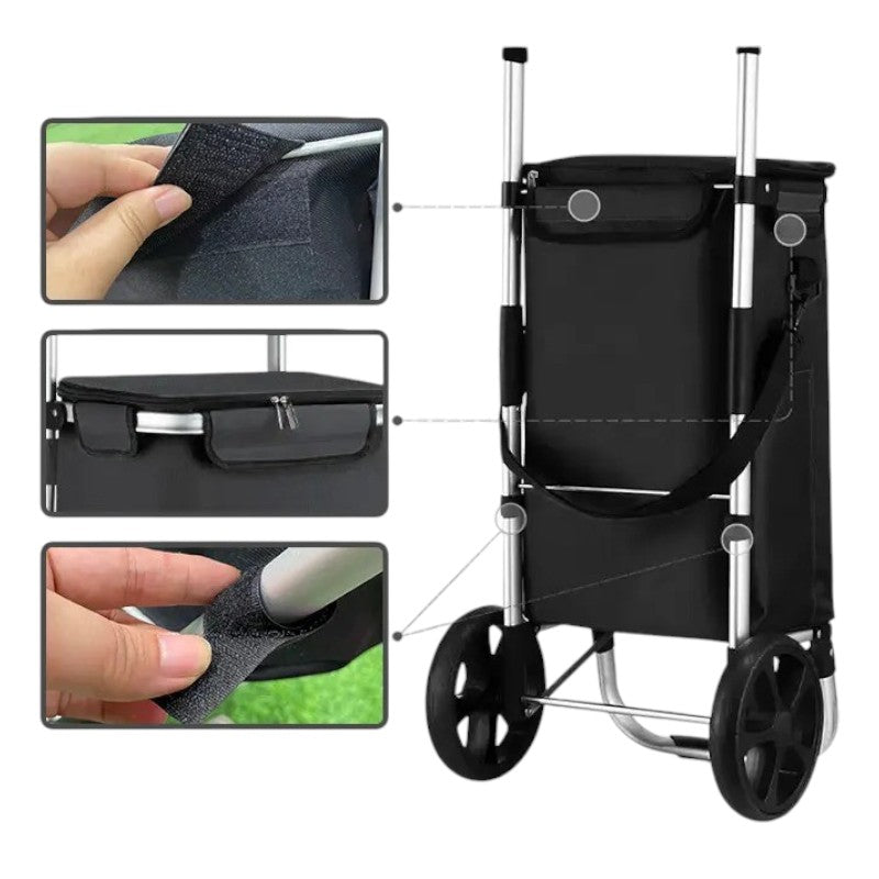 Carucior cumparaturi pliabil cu 2 roti rezistente si sac textil impermeabil, detasabil cu 2 buzunare laterale, Naimeed D6868, capacitate 43.5L, 96x42x28cm, Negru