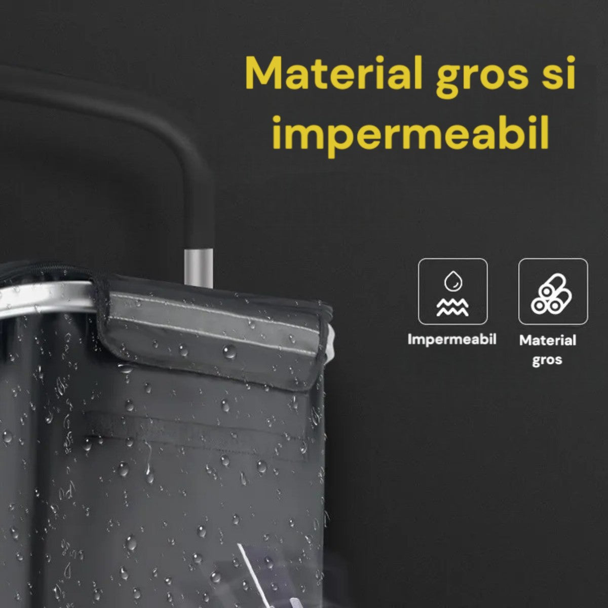 Carucior cumparaturi pliabil cu 2 roti rezistente si sac textil impermeabil, detasabil cu 2 buzunare laterale, Naimeed D6868, capacitate 43.5L, 96x42x28cm, Negru