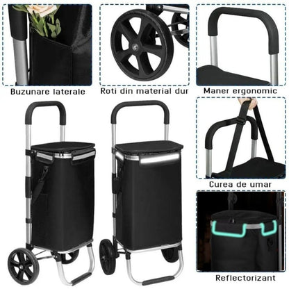 Carucior cumparaturi pliabil cu 2 roti rezistente si sac textil impermeabil, detasabil cu 2 buzunare laterale, Naimeed D6868, capacitate 43.5L, 96x42x28cm, Negru
