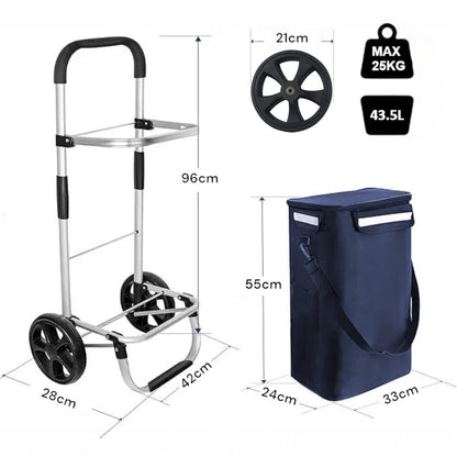 Carucior cumparaturi pliabil cu 2 roti rezistente si sac textil, detasabil cu 2 buzunare laterale, Naimeed D6869, capacitate 43.5L, 96x42x28cm, Albastru