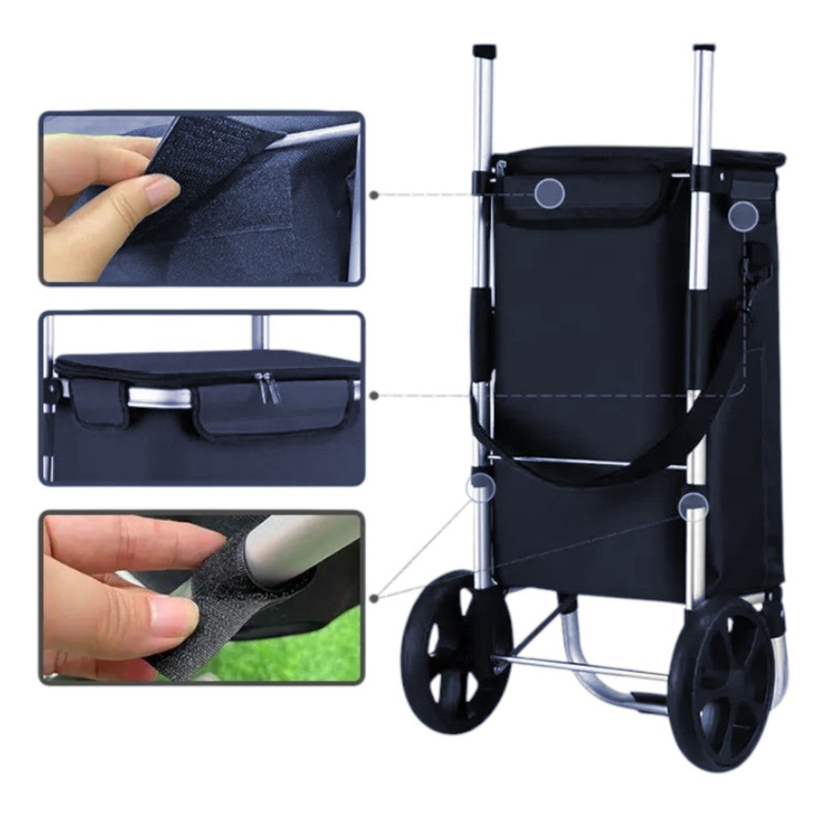 Carucior cumparaturi pliabil cu 2 roti rezistente si sac textil, detasabil cu 2 buzunare laterale, Naimeed D6869, capacitate 43.5L, 96x42x28cm, Albastru