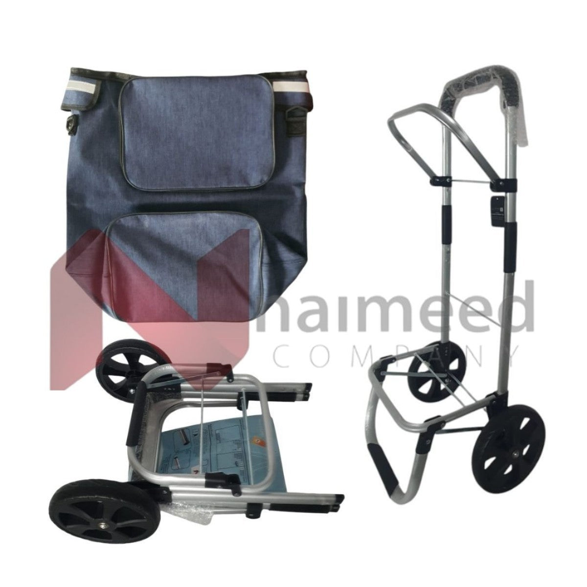 Carucior cumparaturi pliabil cu 2 roti rezistente si sac textil, detasabil cu 2 buzunare laterale, Naimeed D6869, capacitate 43.5L, 96x42x28cm, Albastru