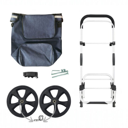 Carucior cumparaturi pliabil cu 2 roti rezistente si sac textil, detasabil cu 2 buzunare laterale, Naimeed D6869, capacitate 43.5L, 96x42x28cm, Albastru
