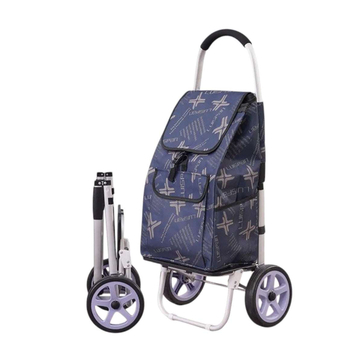 Carucior cumparaturi pliabil cu 2 roti rezistente si sac textil, detasabil cu 2 buzunare laterale, Naimeed D6871, capacitate 49L, 100x45x34cm, Albastru