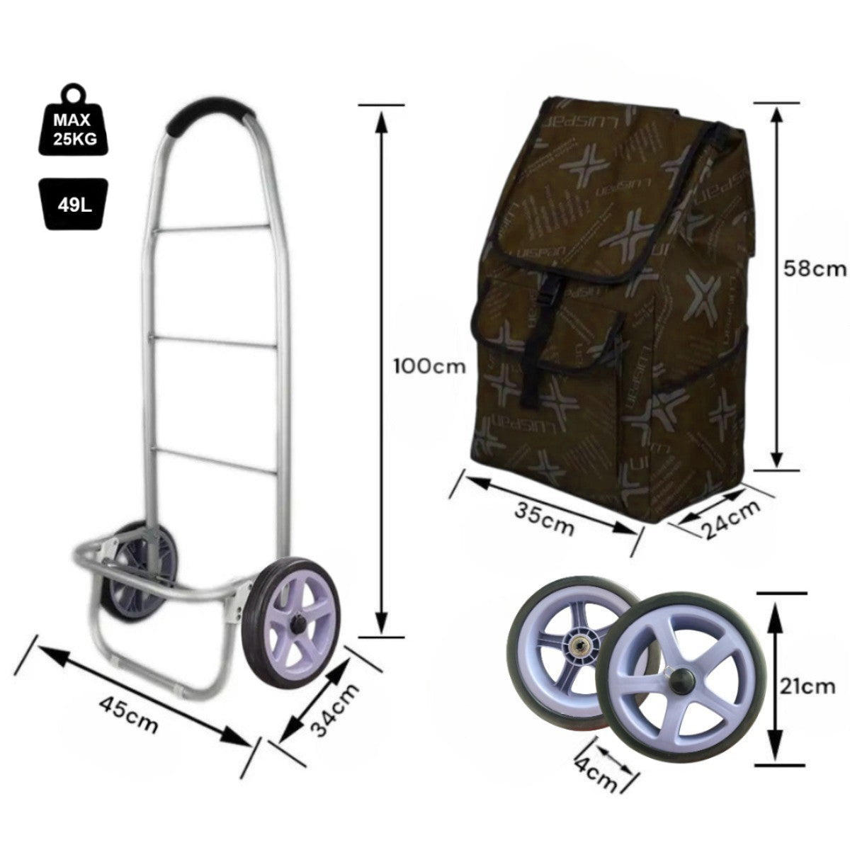 Carucior cumparaturi pliabil cu 2 roti rezistente si sac textil, detasabil cu 2 buzunare laterale, Naimeed D6872, capacitate 49L, 100x45x34cm, Maro