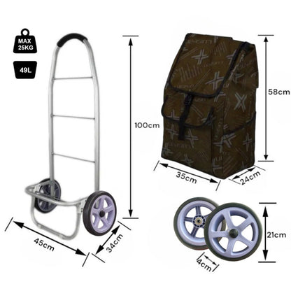 Carucior cumparaturi pliabil cu 2 roti rezistente si sac textil, detasabil cu 2 buzunare laterale, Naimeed D6872, capacitate 49L, 100x45x34cm, Maro