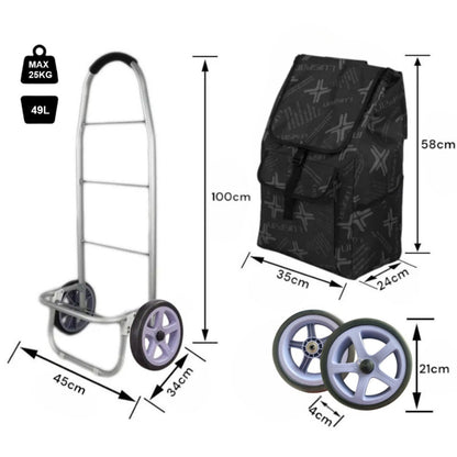 Carucior cumparaturi pliabil cu 2 roti rezistente si sac textil, detasabil cu 2 buzunare laterale, Naimeed D6873, capacitate 49L, 100x45x34cm, Negru