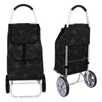 Carucior cumparaturi pliabil cu 2 roti rezistente si sac textil, detasabil cu 2 buzunare laterale, Naimeed D6873, capacitate 49L, 100x45x34cm, Negru