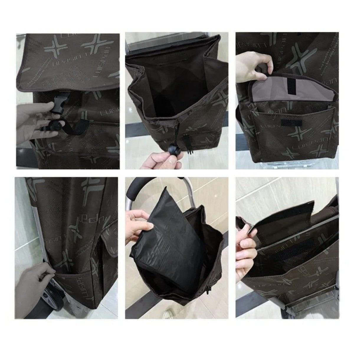 Carucior cumparaturi pliabil cu 2 roti rezistente si sac textil, detasabil cu 2 buzunare laterale, Naimeed D6873, capacitate 49L, 100x45x34cm, Negru