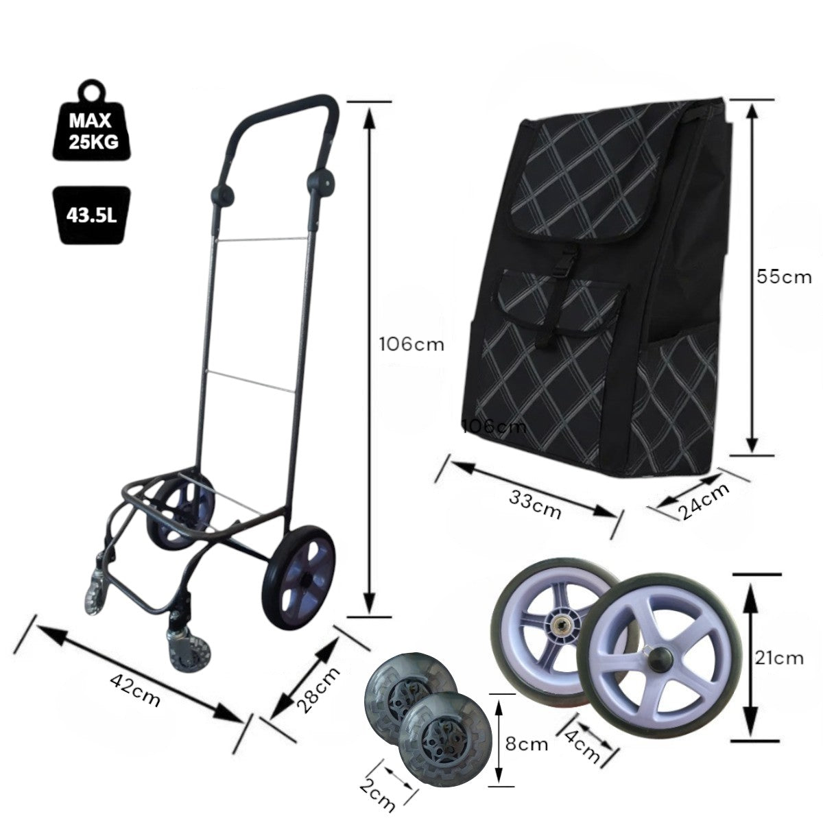 Carucior cumparaturi pliabil cu 4 roti rezistente si sac textil, detasabil cu 2 buzunare laterale, Naimeed D6874, capacitate 43.5L, 106x42x28cm, Negru