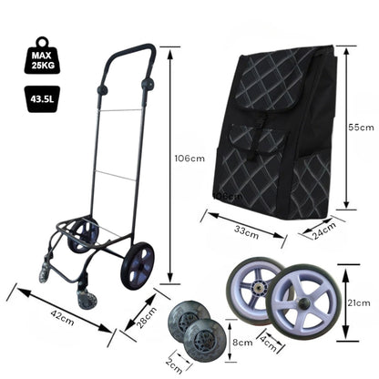 Carucior cumparaturi pliabil cu 4 roti rezistente si sac textil, detasabil cu 2 buzunare laterale, Naimeed D6874, capacitate 43.5L, 106x42x28cm, Negru