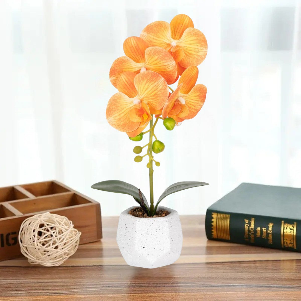 Orhidee cu aspect natural in ghiveci ceramic, 41 cm, Naimeed D6885, Portocaliu
